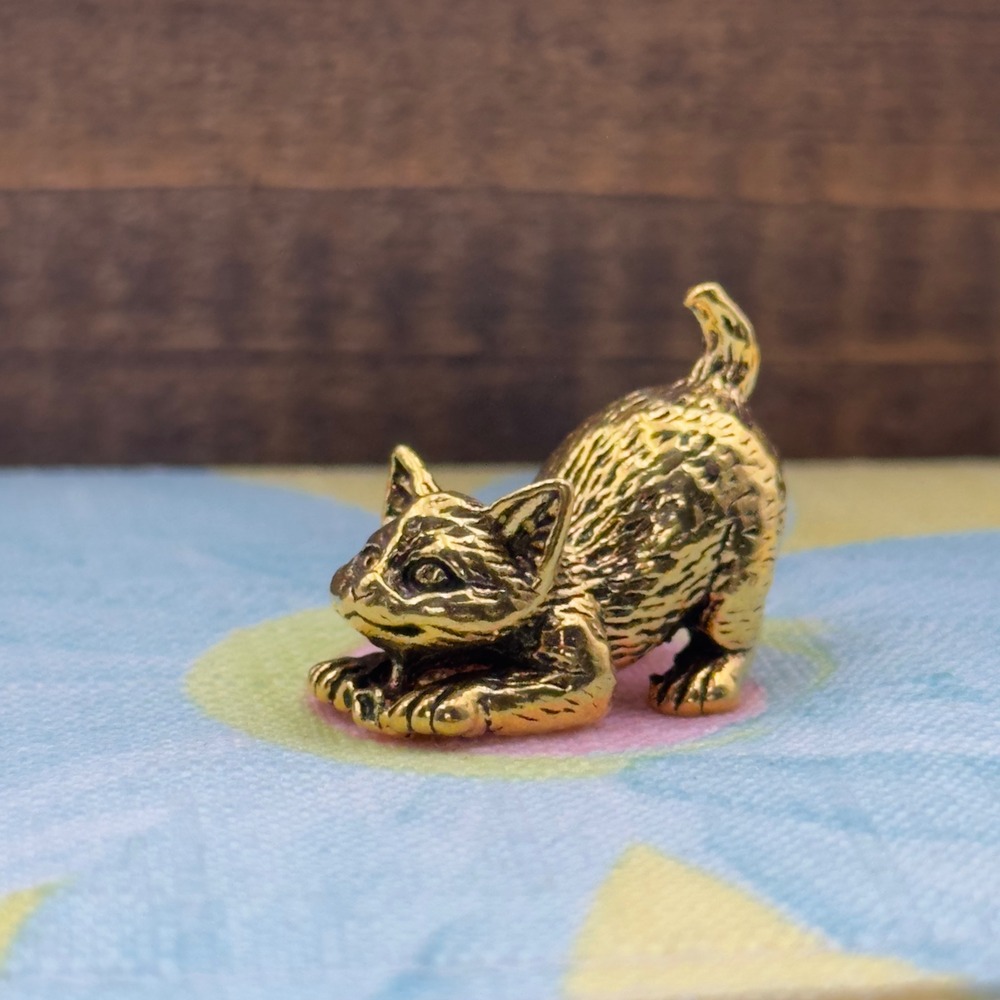 Brass Tone Metal Miniature Pouncing Kitten Feline Cat Figurine Gold Tone Small